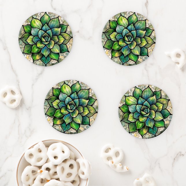 Stained Glass Succulent Green Mandala Coaster Set (In Situ)