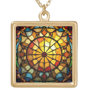 Stained glass sunburst gold plated necklace