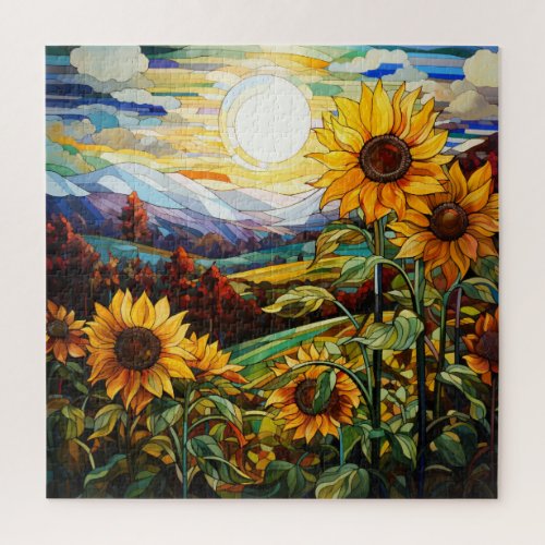 Stained Glass Sunflowers Field Sunset Mountains Jigsaw Puzzle