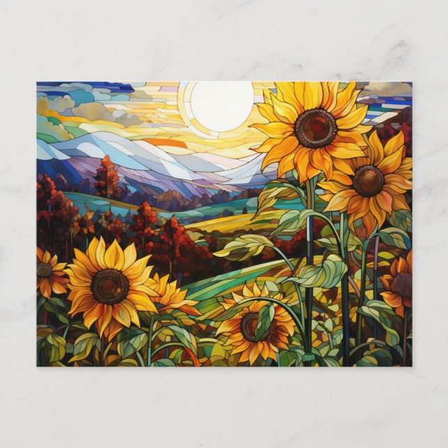 Stained Glass Sunflowers Mountains Sunset Postcard (Front)