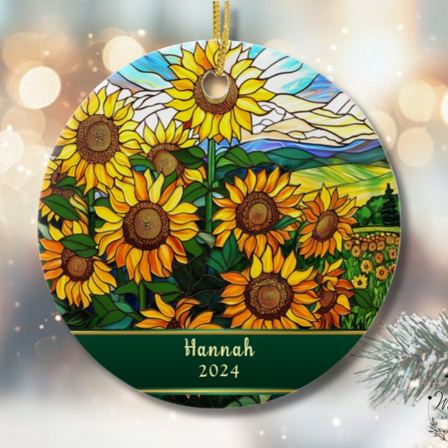Stained Glass Sunflowers Personalized Ceramic Ornament (Creator Uploaded)