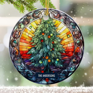 Stained Glass Sunset Christmas Tree Custom Name Ceramic Ornament