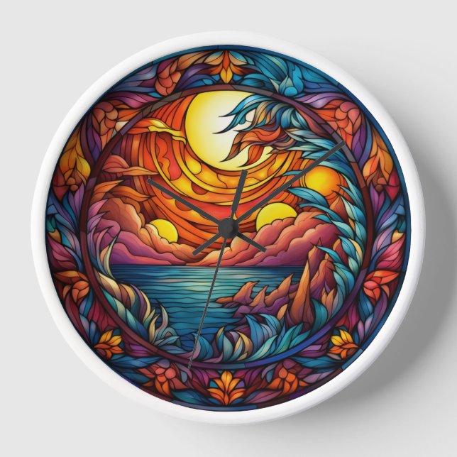 Stained Glass Sunset Landscape Wall Clock  (Front)