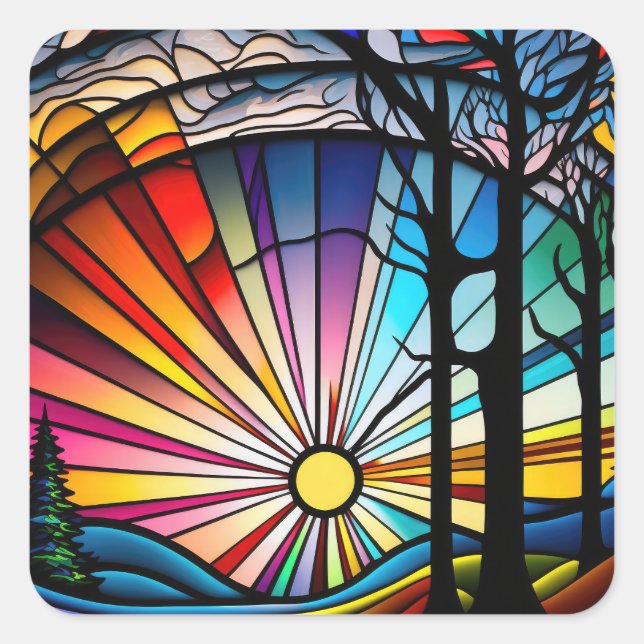 Stained Glass Sunset Square Sticker (Front)