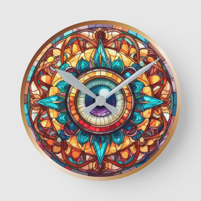 Stained Glass Teal Orange Evil Eye  Round Clock (Front)