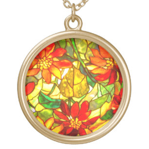Stained glass tiffany look poinsettia flower  gold plated necklace