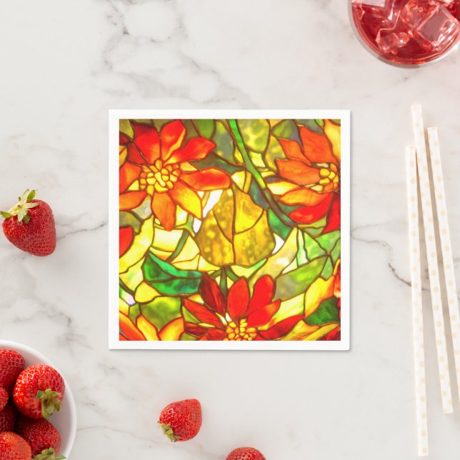 Stained glass tiffany look winter floral red green napkins (Insitu)