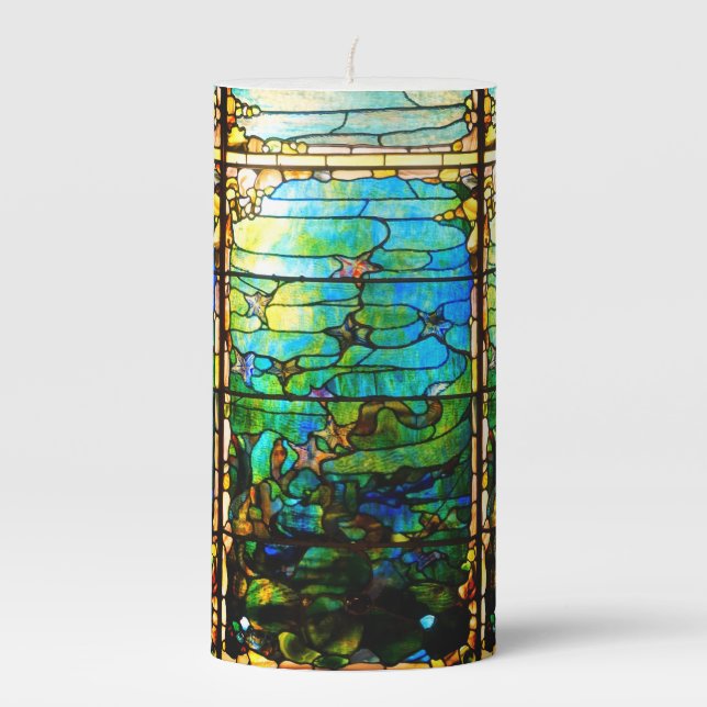 Stained glass tiffany window look starfish sea  pillar candle (Front)
