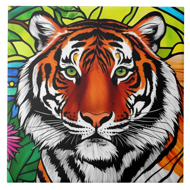 Stained Glass Tiger  Ceramic Tile (Front)