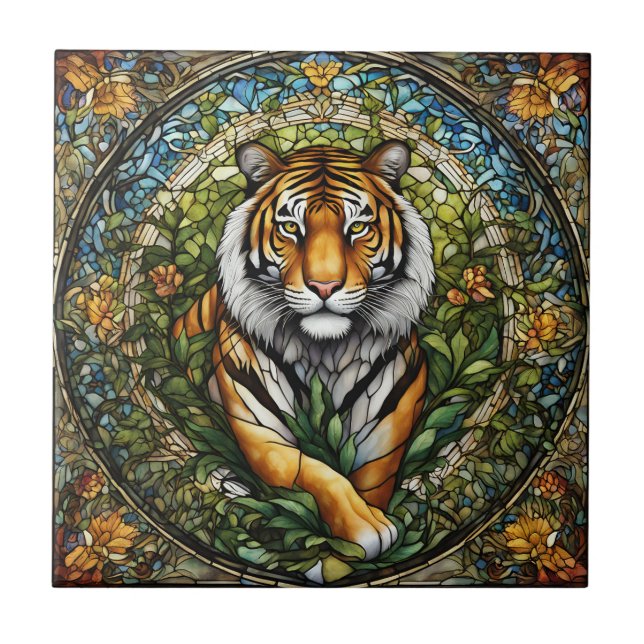 Stained Glass Tiger Illustration Ceramic Tile (Front)