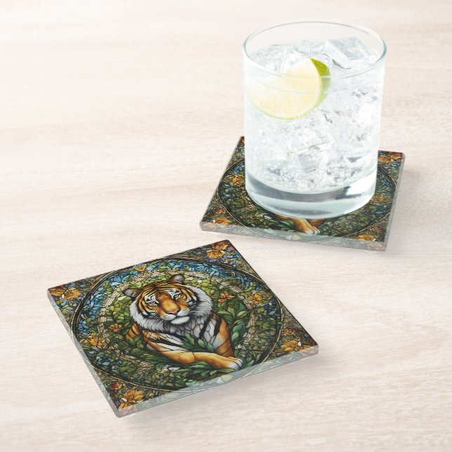 Stained Glass Tiger Illustration Coaster (Angled)