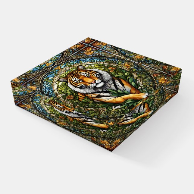 Stained Glass Tiger Illustration Paperweight (Angled)
