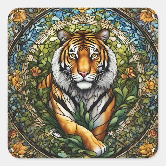Stained Glass Tiger Illustration Square Sticker (Front)