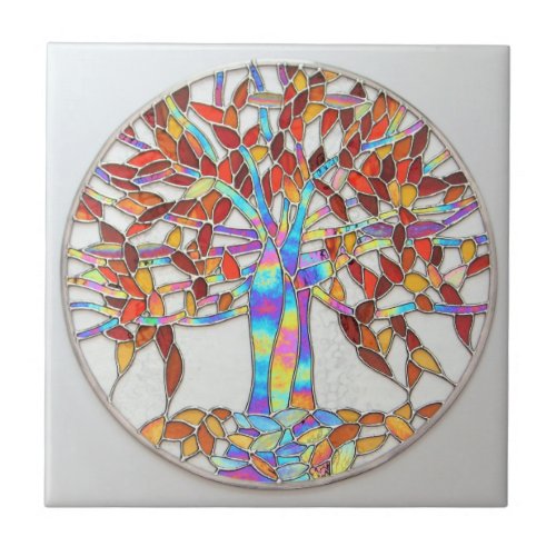 Stained glass Tree of Enchantment version 2 Ceramic Tile