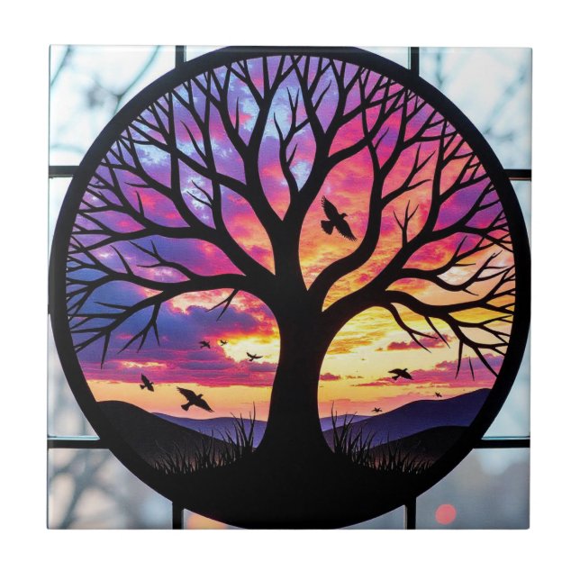 Stained Glass Tree of Life  Ceramic Tile (Front)