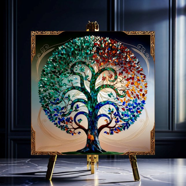 Stained-Glass Tree with Antique Gold Trim Ceramic Tile (Creator Uploaded)