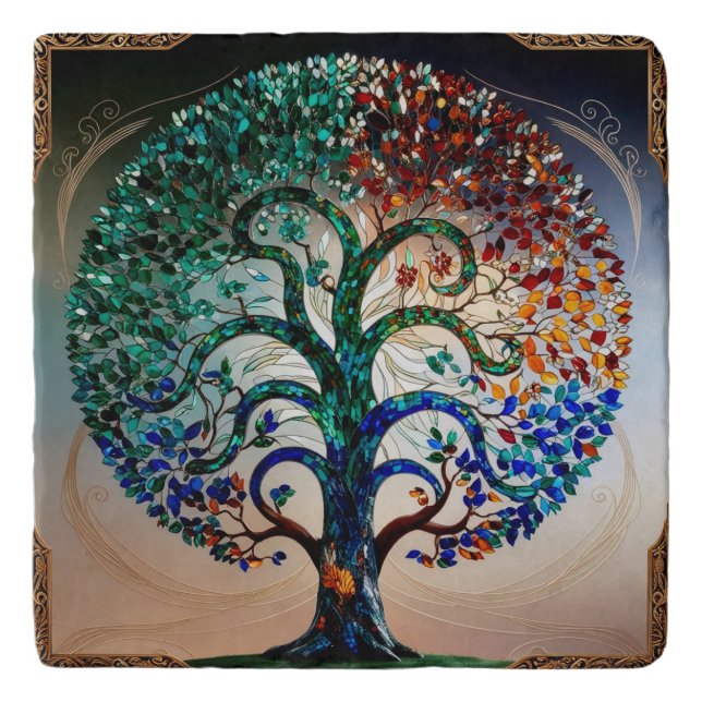 Stained-Glass Tree with Antique Gold Trim Trivet (Front)