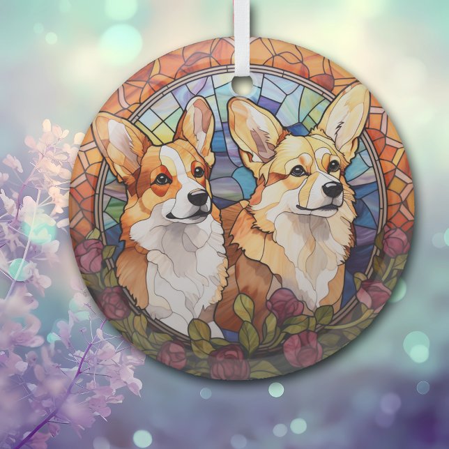 Stained Glass Twin Corgi Dogs Christmas Glass Ornament (Creator Uploaded)
