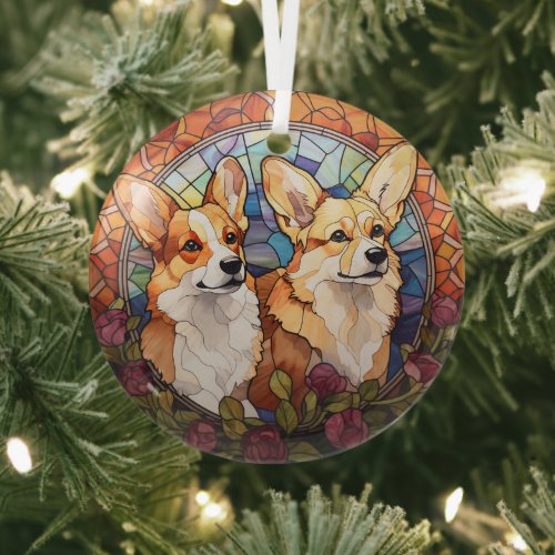 Stained Glass Twin Corgi Dogs Christmas Glass Ornament