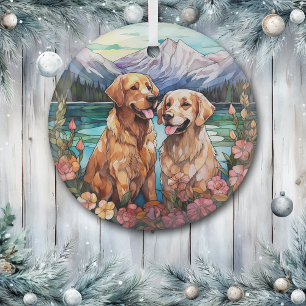Stained Glass Two Golden Retriever Dogs Glass Ornament