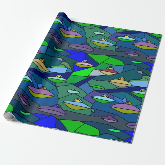 Stained Glass UFO Alien Pattern Wrapping Paper (Unrolled)