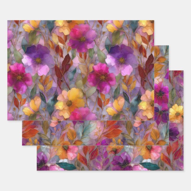 STAINED GLASS VIBRANT FLORAL DECORATIVE PAPER SET (Set)