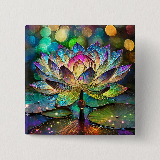 Stained Glass Vibrant Lotus Flower Button (Front)