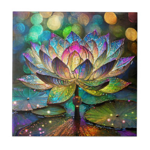 Stained Glass Vibrant Lotus Flower Ceramic Tile