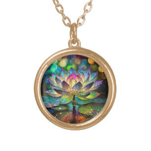 Stained Glass Vibrant Lotus Flower Gold Plated Necklace