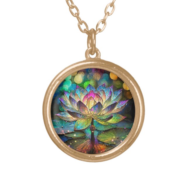 Stained Glass Vibrant Lotus Flower Gold Plated Necklace (Front)