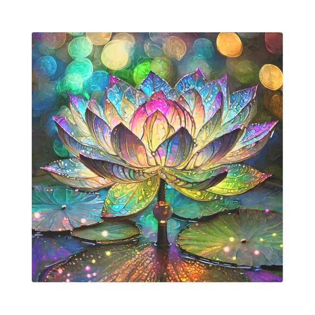 Stained Glass Vibrant Lotus Flower Metal Print (Front)