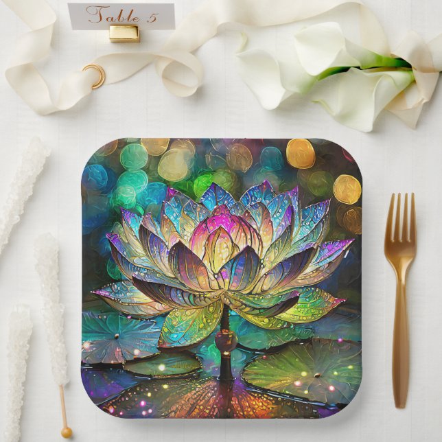 Stained Glass Vibrant Lotus Flower Paper Plates (Wedding)