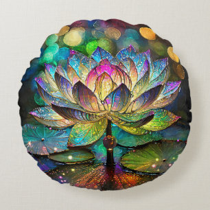 Stained Glass Vibrant Lotus Flower Round Pillow