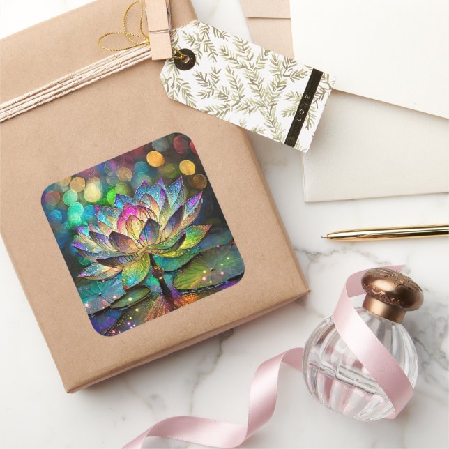 Stained Glass Vibrant Lotus Flower Square Sticker (Gifting)