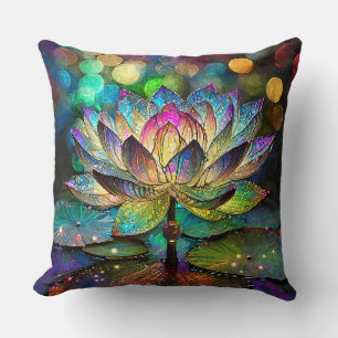 Stained Glass Vibrant Lotus Flower Throw Pillow