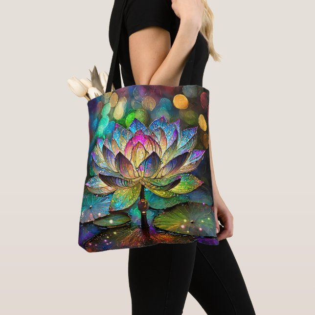 Stained Glass Vibrant Lotus Flower Tote Bag (Close Up)