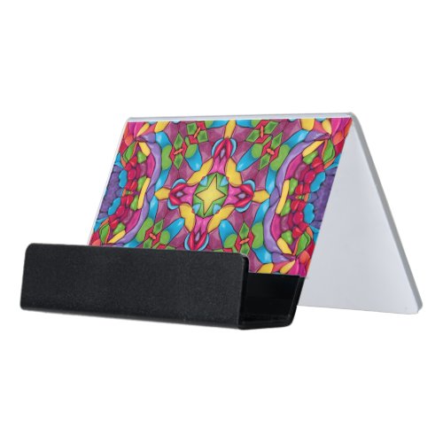 Stained Glass Vintage Purple Kaleidoscope Desk Business Card Holder