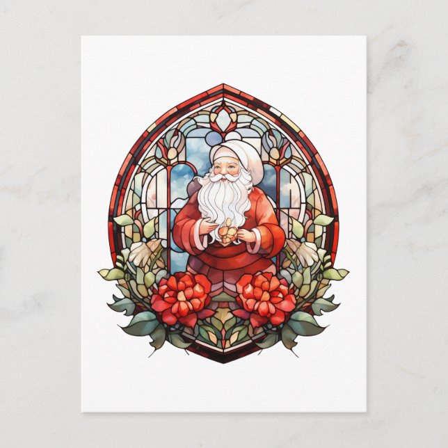 Stained Glass Vintage Santa with Poinsettia Holiday Postcard (Front)