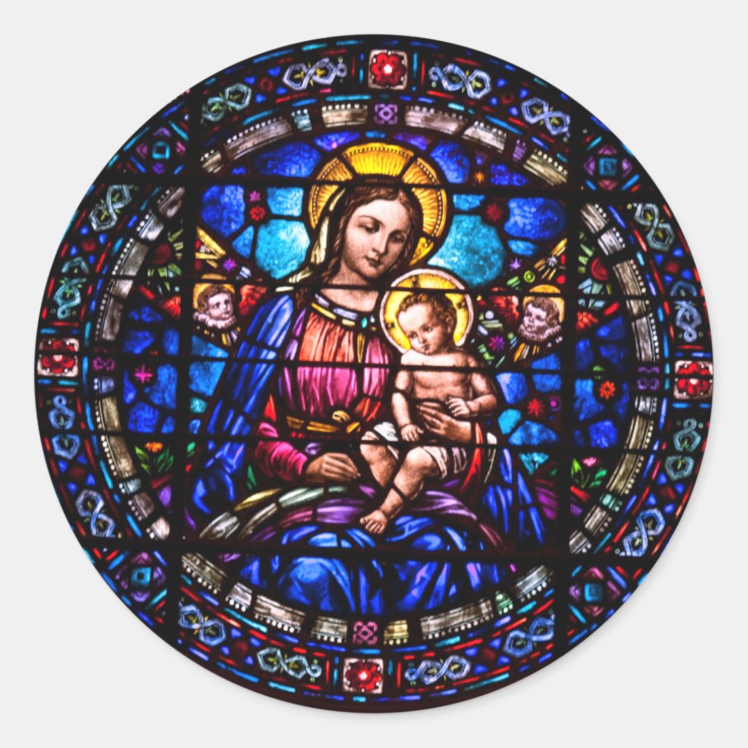 Stained Glass Virgin Mary Baby Jesus Religious Classic Round Sticker ...