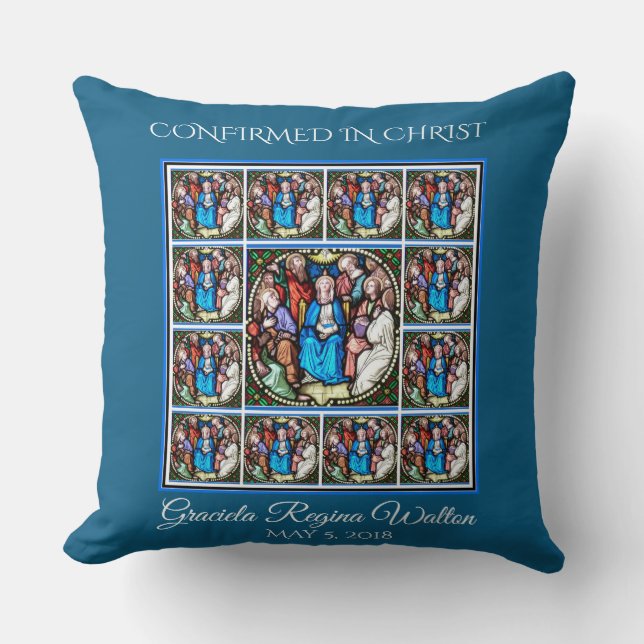 Stained Glass Virgin Mary Holy Spirit Apostles Throw Pillow (Front)