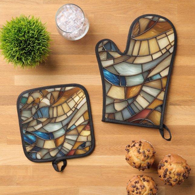 Stained Glass Waves Oven Mitt & Pot Holder Set (Top Down)
