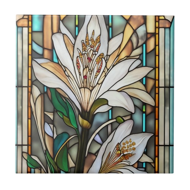Stained Glass White Lily Illustration Ceramic Tile (Front)