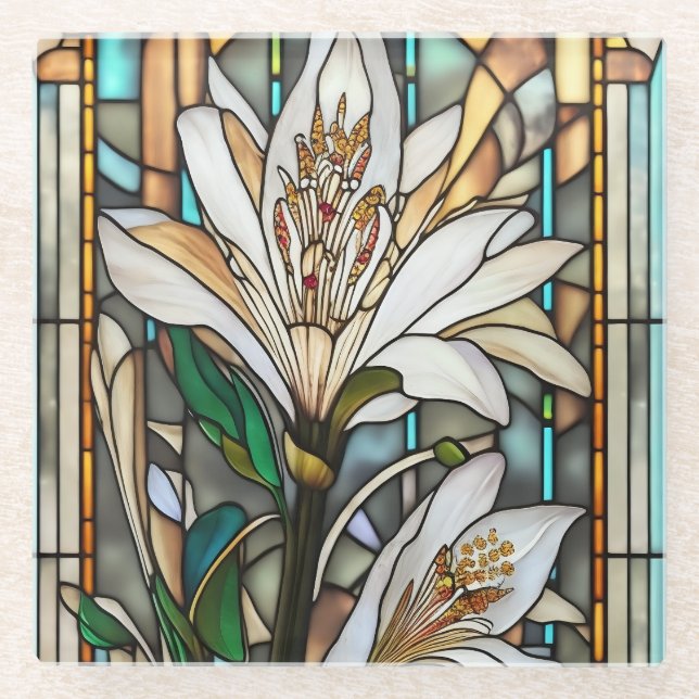 Stained Glass White Lily Illustration Glass Coaster (Front)