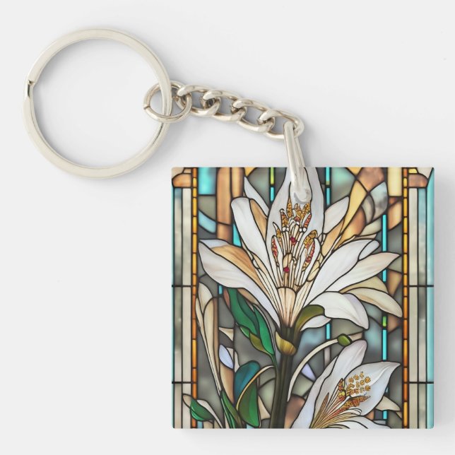 Stained Glass White Lily Illustration Keychain (Front)