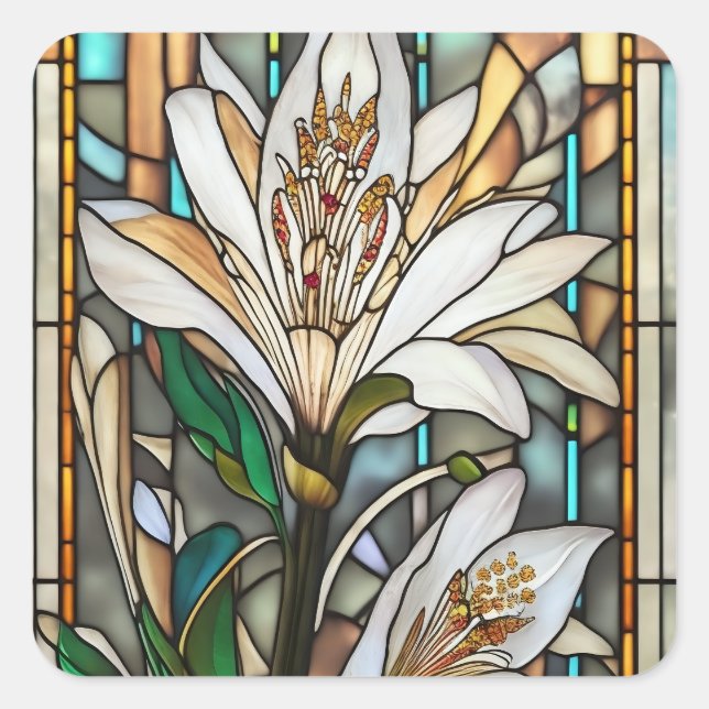 Stained Glass White Lily Illustration Square Sticker (Front)