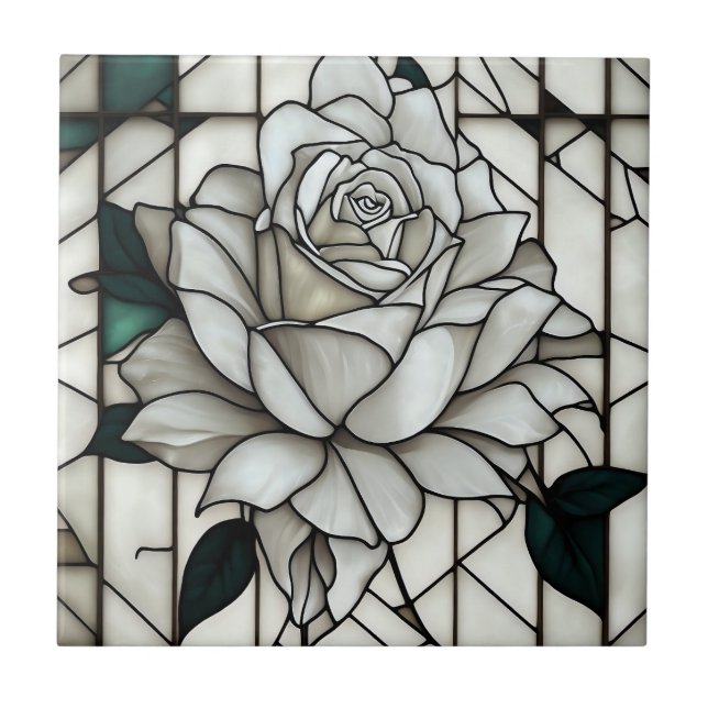 Stained Glass White Rose Ceramic Tile (Front)