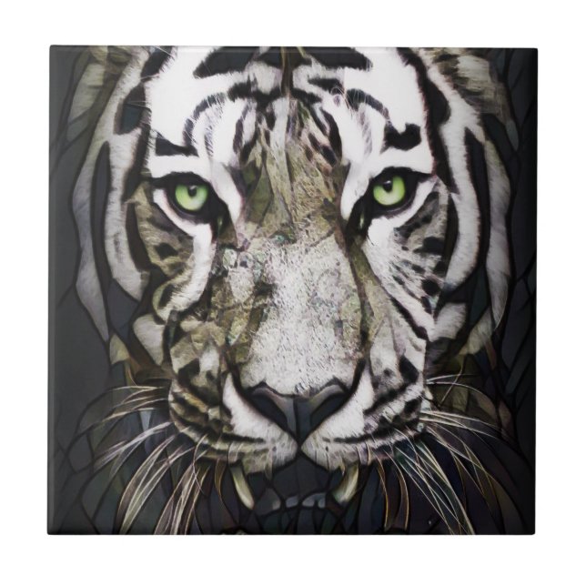 Stained Glass White Tiger Ceramic Tile (Front)