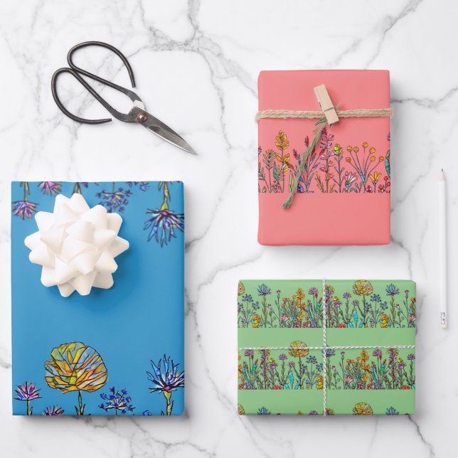 Stained Glass Wildflowers Wrapping Paper Sheets (Front)