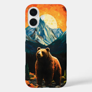 Stained Glass Wildlife Mountain Sunset Bear iPhone 16 Case