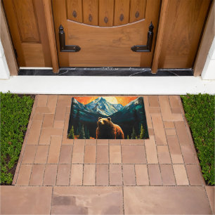 Stained Glass Wildlife Mountain Sunset Bear Doormat